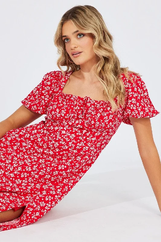 Ball Gown Women Dress with a Full Skirt for a Princess - like LookRed Ditsy Midi Dress Short Sleeve Ruched Bust