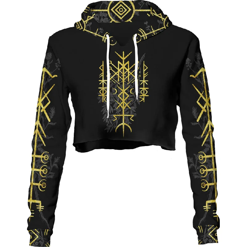 Women's hoodie with a kangaroo pocket and a pom - pom drawstring for added charmRunes of Destiny Crop Hoodie