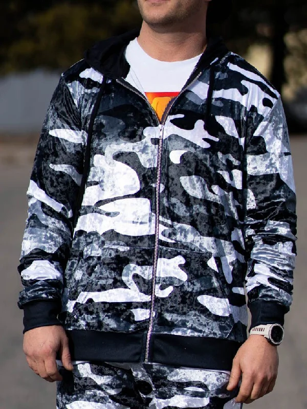 Women's sherpa - lined hoodie for extreme cold weather outdoor activitiesSnow Camo Crushed Velvet Hoodie