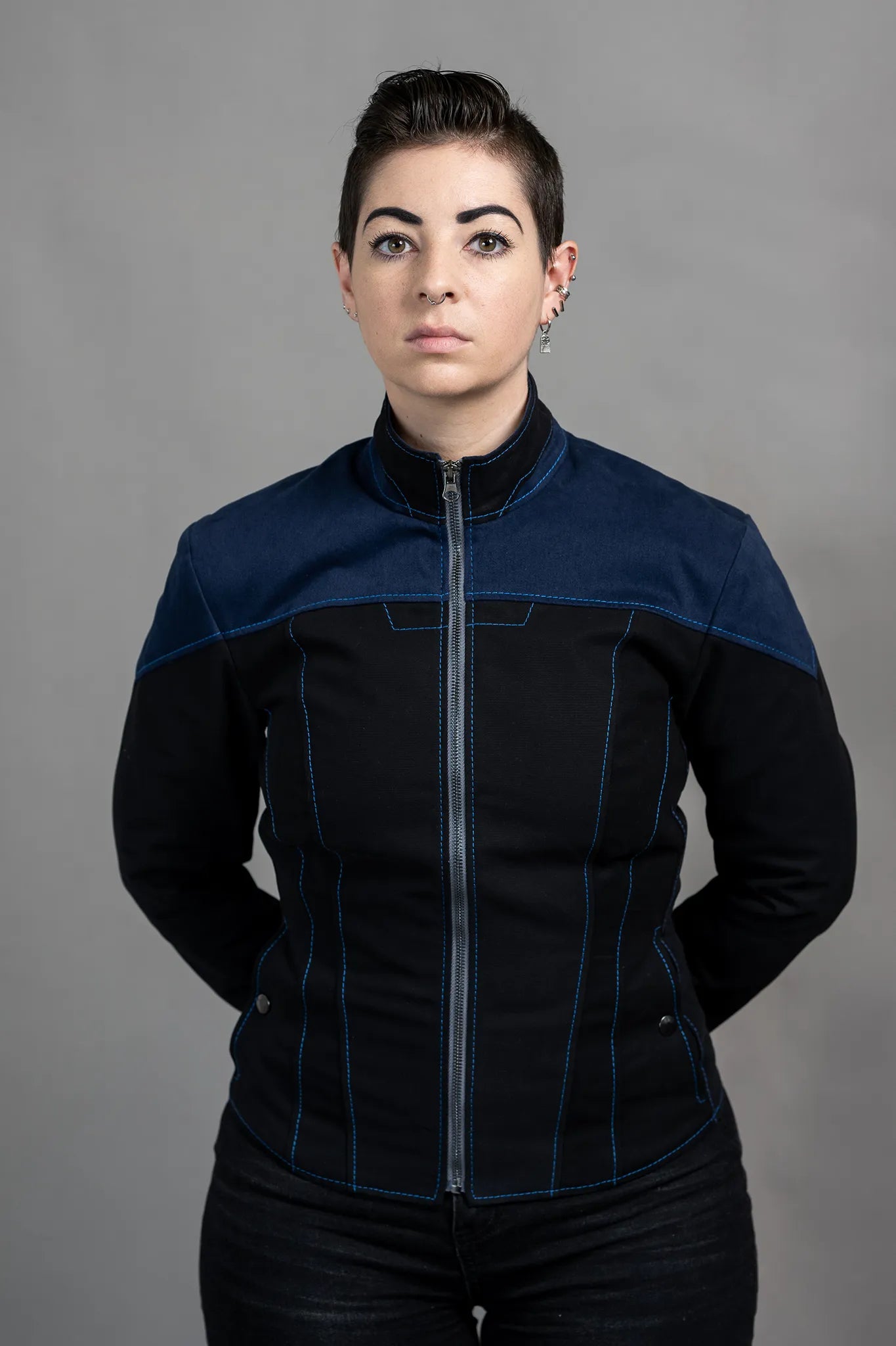 Women's bomber jackets with a holographic finish for a futuristic and eye - catching lookStarfleet 2369 - Sciences Blue [Womens]