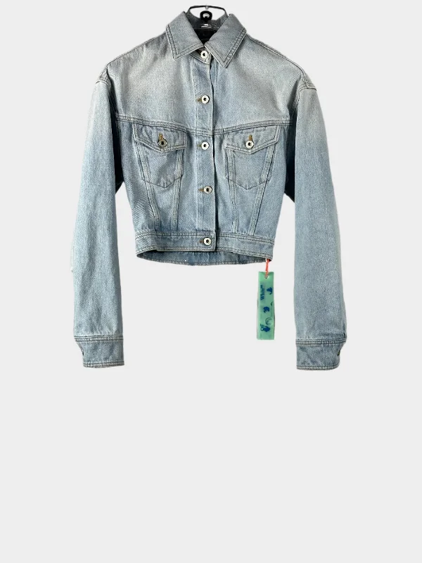 Women's denim jackets with a patchwork design for a bohemian and artsy styleToy Box Bleach Crop Jacket