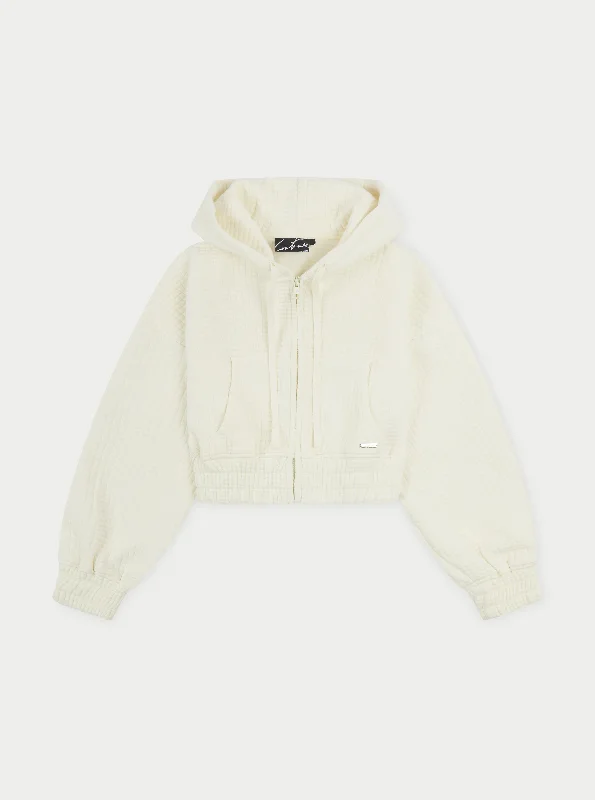 Women's zip - up sweatshirt in pastel blue for a soft and stylish outfitWAFFLE CROPPED ZIP THROUGH CROPPED HOODIE - CREAM
