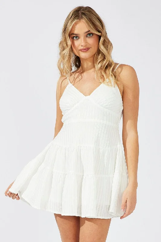 Off - the - Shoulder Women Dress for a Romantic and Feminine LookWhite Fit And Flare Dress Mini Textured Fabric