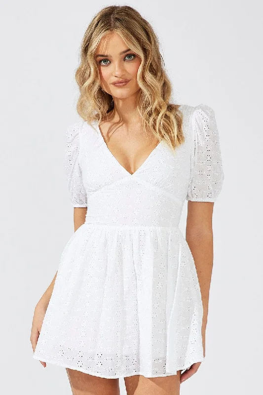 Printed Abstract Women Dress for a Modern and Artistic AppealWhite Fit And Flare Dress Puff Sleeve Mini