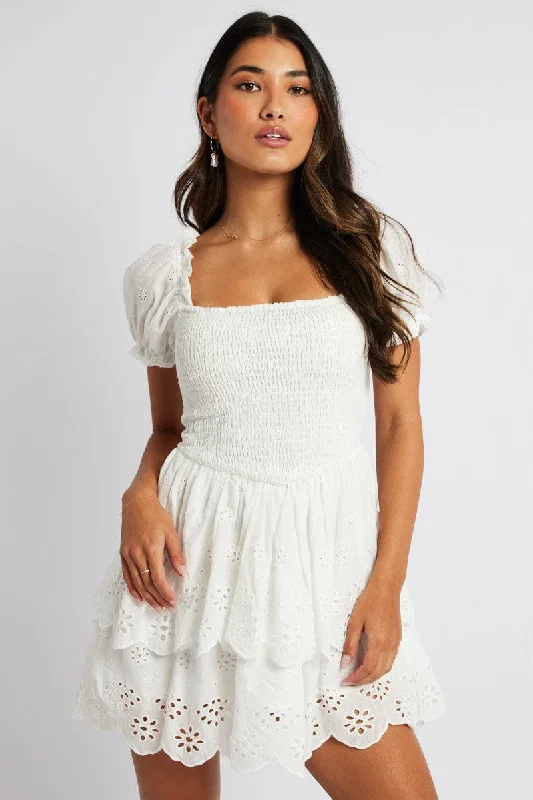 Maxi Women Dress with Floral Print for a Bohemian VibeWhite Fit and Flare Dress Short Sleeve Embroidered