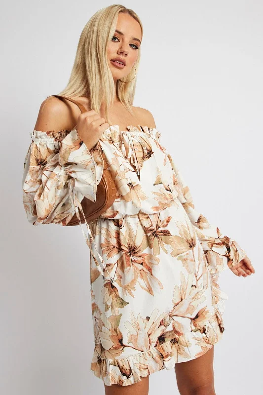 Maxi Women Dress with Floral Print for a Bohemian VibeWhite Floral Off Shoulder Dress Balloon Sleeve Skater Dress