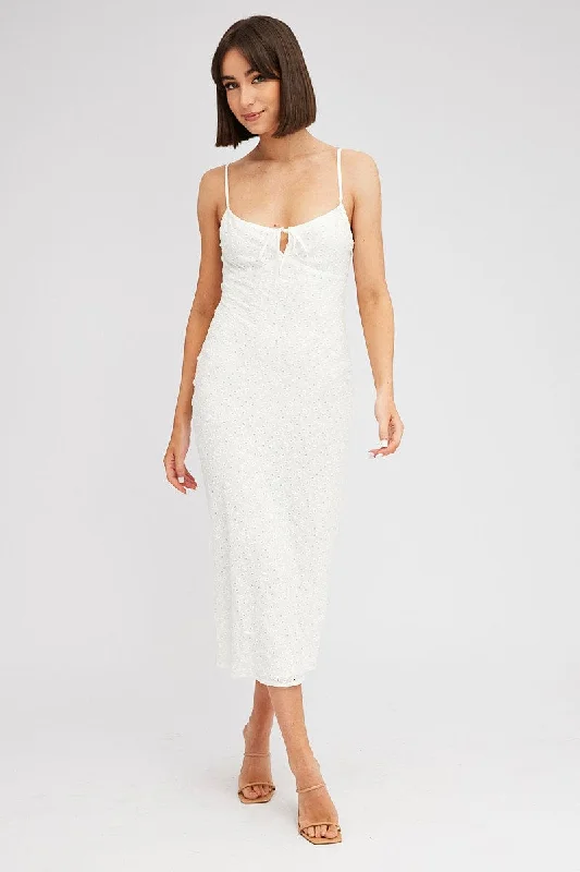 Sleeveless Women Dress in Bright Colors for Summer PartiesWhite Midi Dress Gathered Bust Eyelet Fabric