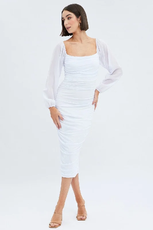 Long - Sleeve Women Dress in Velvet for a Luxurious Winter LookWhite Midi Dress Long Sleeve Square Neck Ruched Bodycon