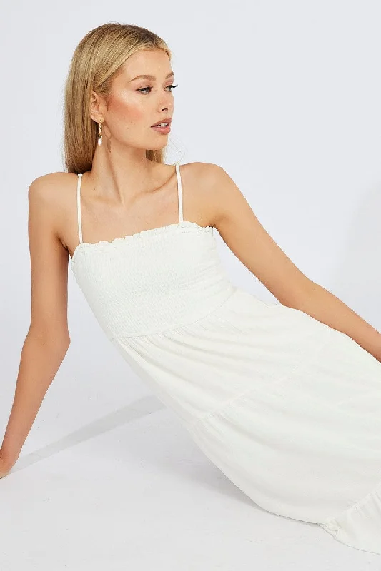 Wrap - Style Women Dress with Adjustable Fit for All Body TypesWhite Midi Dress Sleeveless Shirred Tie Back