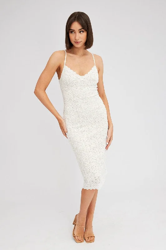 Pleated Women Dress with a Timeless and Elegant TextureWhite Midi Dress Sleeveless V-Neck Bodycon Lace Stretch