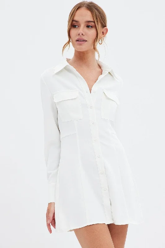 Pleated Women Dress with a Timeless and Elegant TextureWhite Shirt Dress Long Sleeve