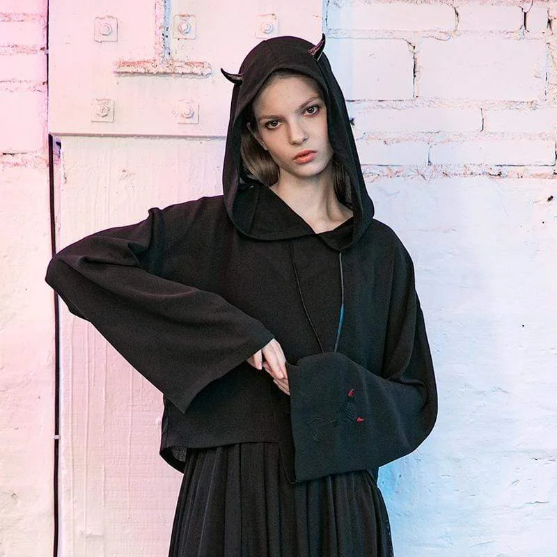 Women's cropped sweatshirt with a slogan graphic for a fun and expressive lookWomen's Gothic Devil Horns Casual Hoodies