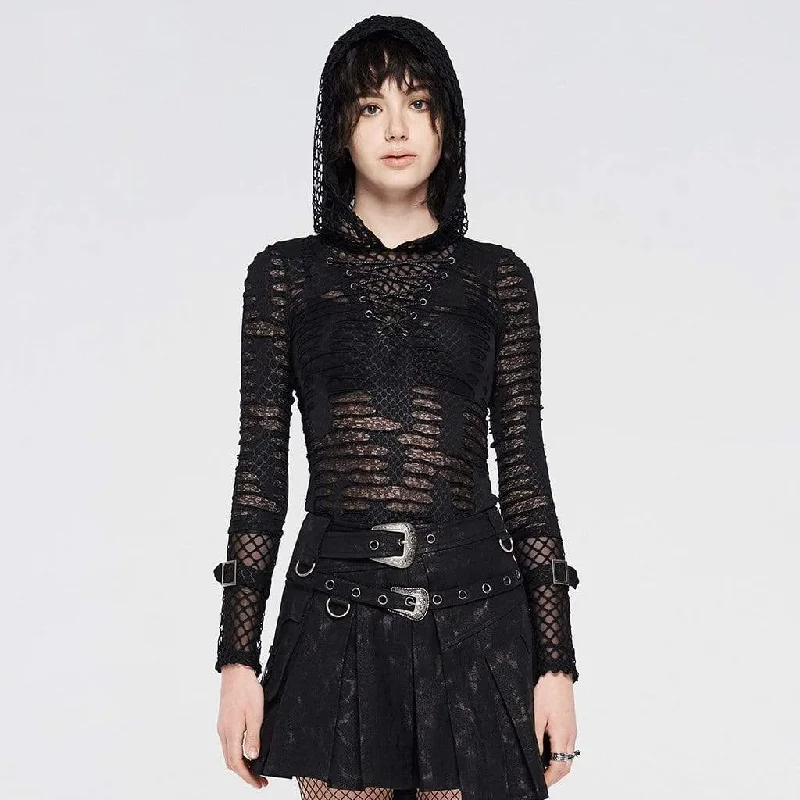 Women's zip - front sweatshirt with contrast stitching for a sporty aestheticWomen's Gothic Net Ripped Mesh Strappy Hoodies