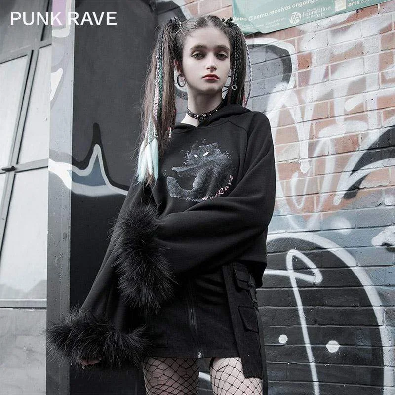 Women's hoodie with a kangaroo pocket and a pom - pom drawstring for added charmWomen's Lolita Cat Printed Faux Fux Sleeved Sweaters With Cat Ears Hood