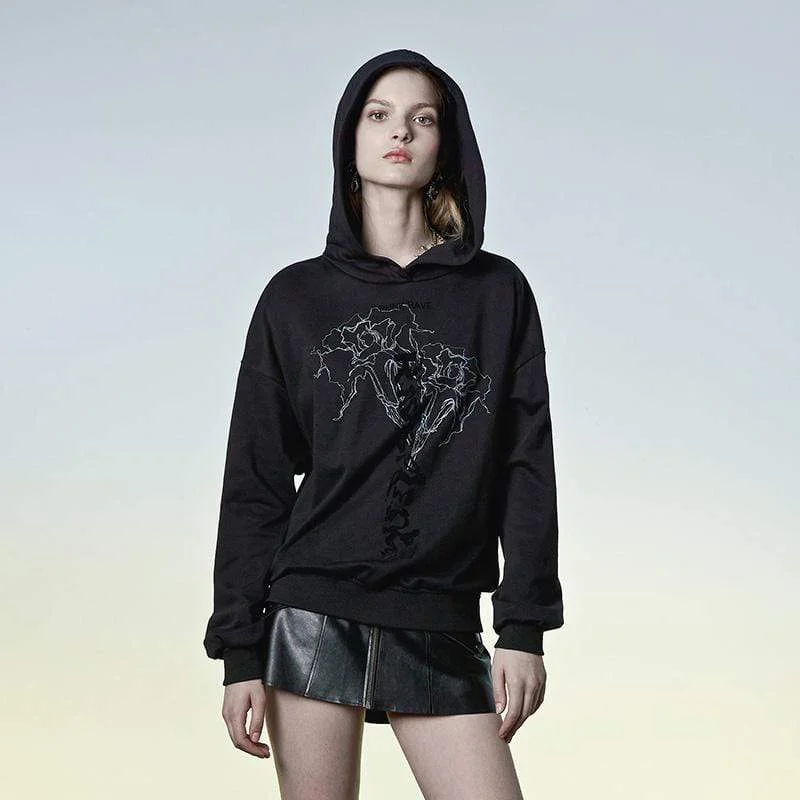Women's hoodie with a detachable hood for customizable stylingWomen's Punk Floral Printed Loose Hoodies