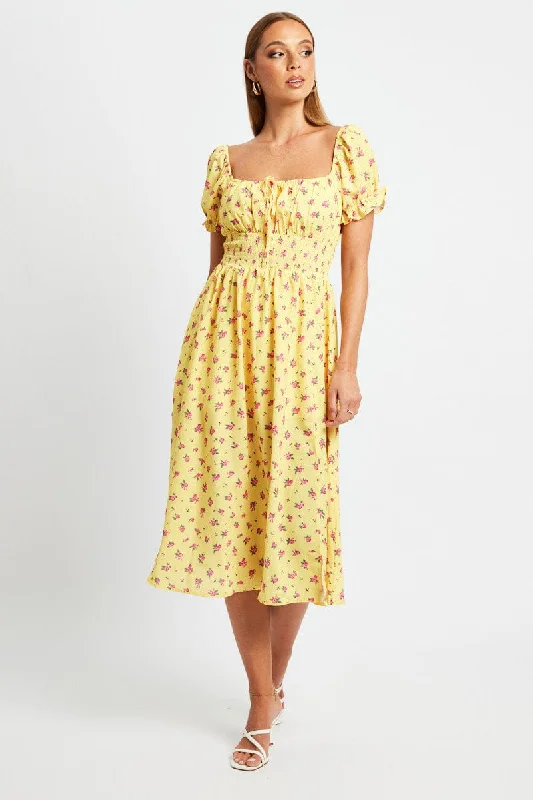 Backless Women Dress for a Sexy and Alluring Look at Evening EventsYellow Floral Midi Dress Short Sleeve Ruched Bust