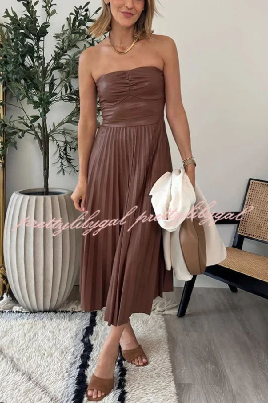 Sleeveless Women Dress in Bright Colors for Summer Parties Sleeveless Women Dress in Bright Colors for Summer Parties My Juliet Faux Leather Off Shoulder Strapless Pleated Stretch Midi Dress