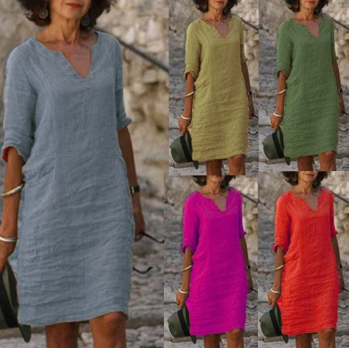 Sleeveless Women Dress in Bright Colors for Summer Parties Sleeveless Women Dress in Bright Colors for Summer Parties Autumn Cotton Linen Small V-neck Stitching Retro Basic Model Solid Color Three-quarter Sleeve Dress