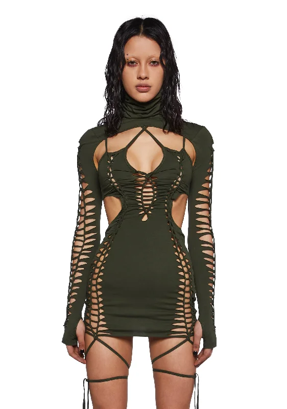 Mini Women Dress with a Short Hem for a Young and Trendy Style Mini Women Dress with a Short Hem for a Young and Trendy Style Crossfade Shredded Dress With Shrug - Olive