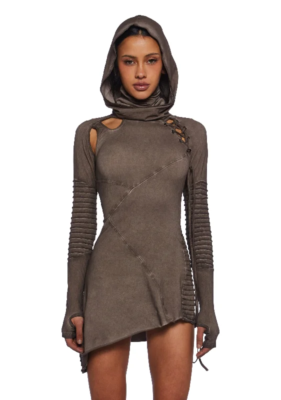 Mini Women Dress with a Short Hem for a Young and Trendy Style Mini Women Dress with a Short Hem for a Young and Trendy Style Frequency Asymmetrical Hooded Mini Dress - Earthen