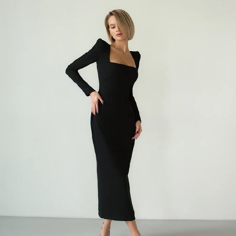 Wrap - Style Women Dress with Adjustable Fit for All Body Types Wrap - Style Women Dress with Adjustable Fit for All Body Types French-Inspired Black Dress with Square Collar, Slim Fit and Hip Design - Perfect for a Fashionable Look