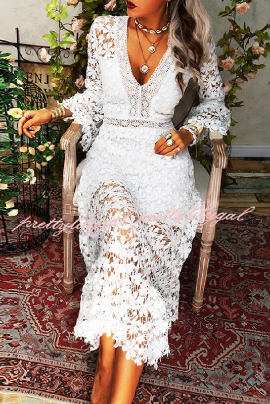 Off - the - Shoulder Women Dress for a Romantic and Feminine Look Off - the - Shoulder Women Dress for a Romantic and Feminine Look For The Love of Lace Flower Pattern Patchwork Bell Sleeve Midi Dress