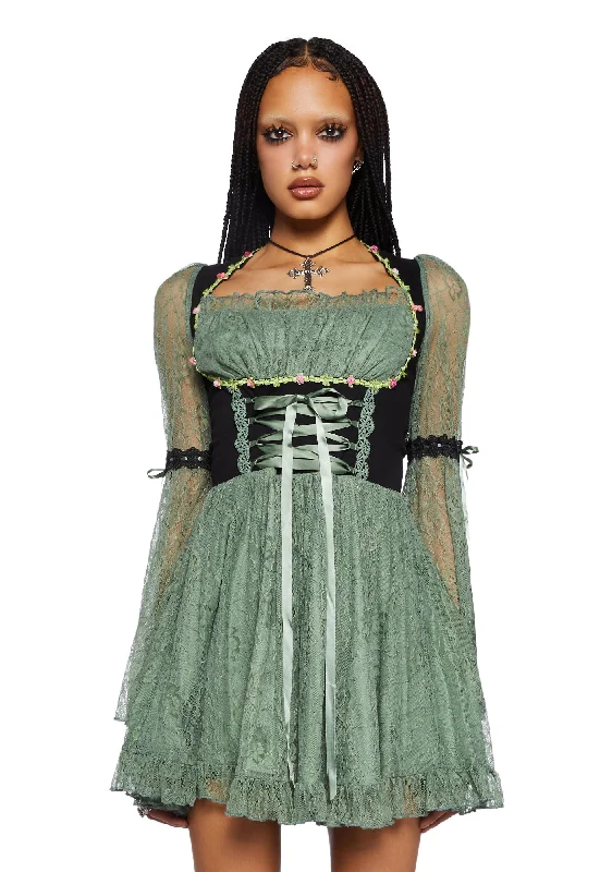 Wrap - Style Women Dress with Adjustable Fit for All Body Types Wrap - Style Women Dress with Adjustable Fit for All Body Types Myths N' Legends Mini Dress - Green Lace
