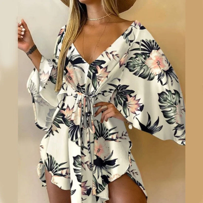 Backless Women Dress for a Sexy and Alluring Look at Evening Events Backless Women Dress for a Sexy and Alluring Look at Evening Events New Summer Women Elegant Dresses Sexy V Neck Lace-up Floral Printed Mini Dress Casual Flared Sleeve Irregular Ladies Party Dress