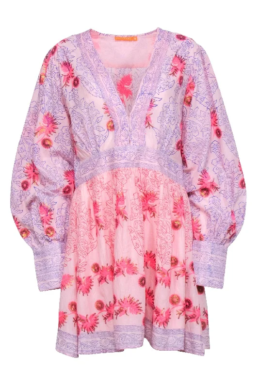 Off - the - Shoulder Women Dress for a Romantic and Feminine Look Off - the - Shoulder Women Dress for a Romantic and Feminine Look Oliphant - Pink w/ Blue Floral Print & Embroidered Details Sz M