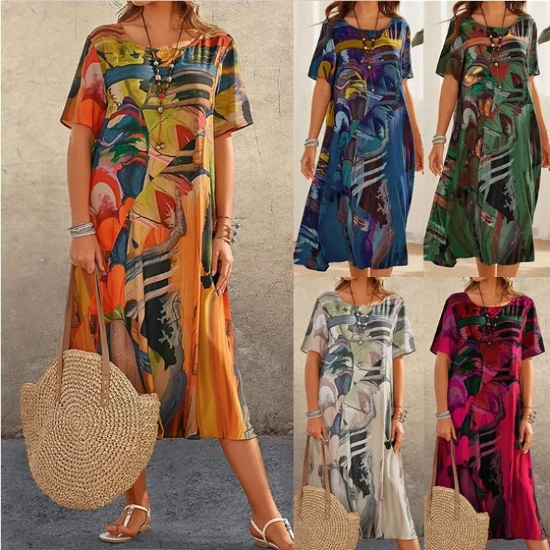 Off - the - Shoulder Women Dress for a Romantic and Feminine Look Off - the - Shoulder Women Dress for a Romantic and Feminine Look Printing Summer Sleeve Loose Round Neck Dresses