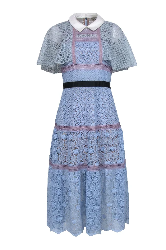 Mermaid - Style Women Dress with a Fitted Silhouette for Special Occasions Mermaid - Style Women Dress with a Fitted Silhouette for Special Occasions Self-Portrait - Blue, Lavender, & Cream Lace "Guipure Cape Midi Dress" Sz 8