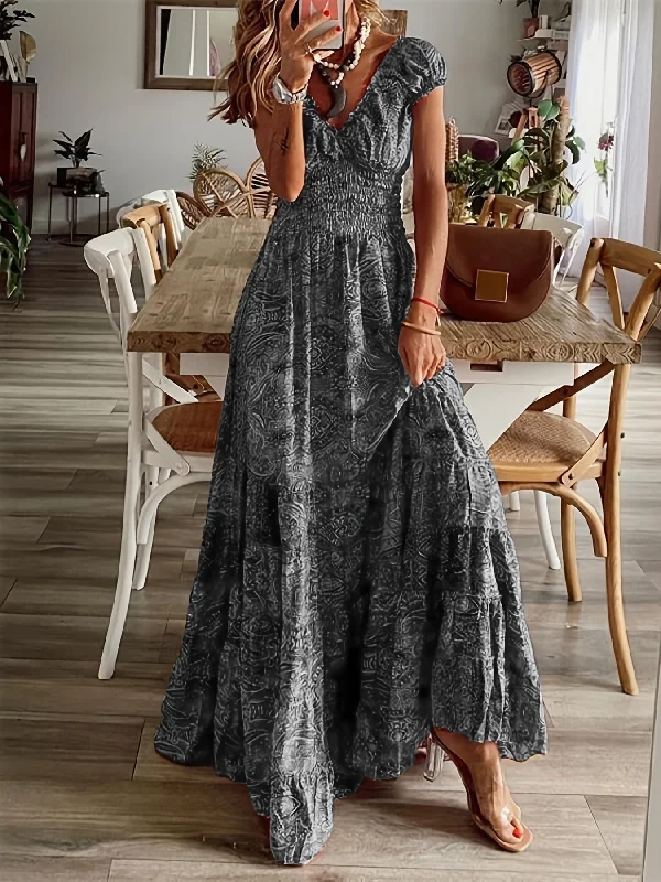 Printed Abstract Women Dress for a Modern and Artistic Appeal Printed Abstract Women Dress for a Modern and Artistic Appeal Sixsr Floral Print Ruffle Neck Long Dress, Boho Short Sleeve Waist Summer Large Swing Dresses, Women's Clothing