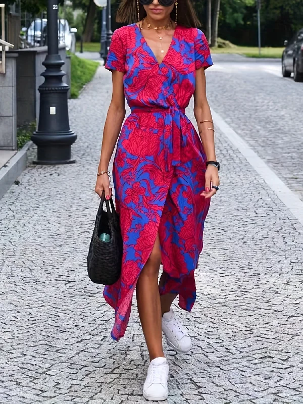 Off - the - Shoulder Women Dress for a Romantic and Feminine Look Off - the - Shoulder Women Dress for a Romantic and Feminine Look Sixsr Graphic Print Tie Front Split Dress, Boho V Neck Short Sleeve Dress, Women's Clothing