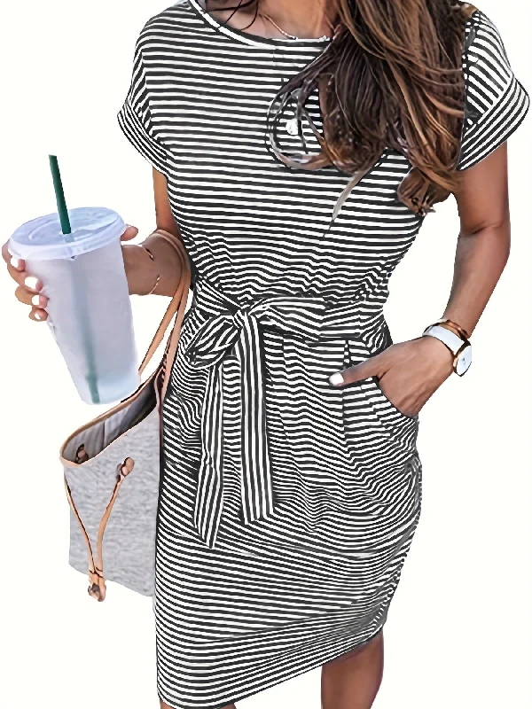 Backless Women Dress for a Sexy and Alluring Look at Evening Events Backless Women Dress for a Sexy and Alluring Look at Evening Events Sixsr Striped Round Neck Slim Dress, Casual Buttons Belt Waist Summer Short Sleeve T Shirt Dresses, Women's Clothing