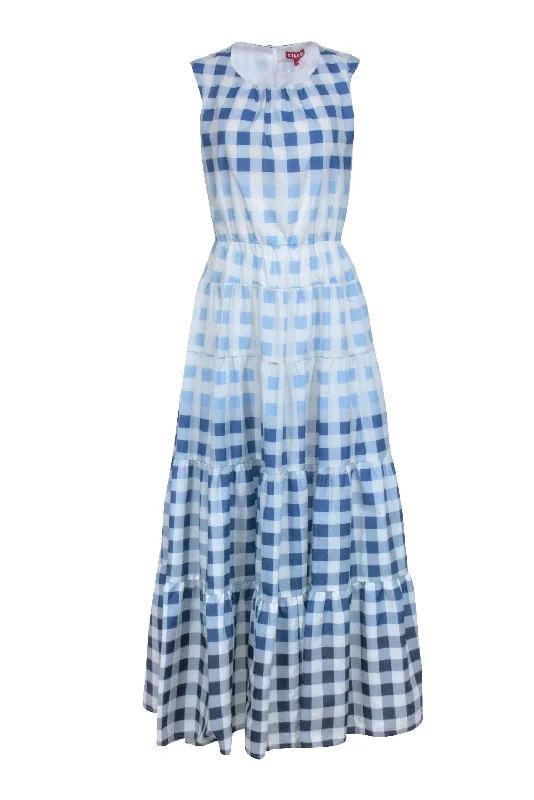 Ruffled Women Dress with Multiple Layers for a Playful and Girly Style Ruffled Women Dress with Multiple Layers for a Playful and Girly Style Staud - Blue Checkered Sleeveless Open Back Dress Sz L