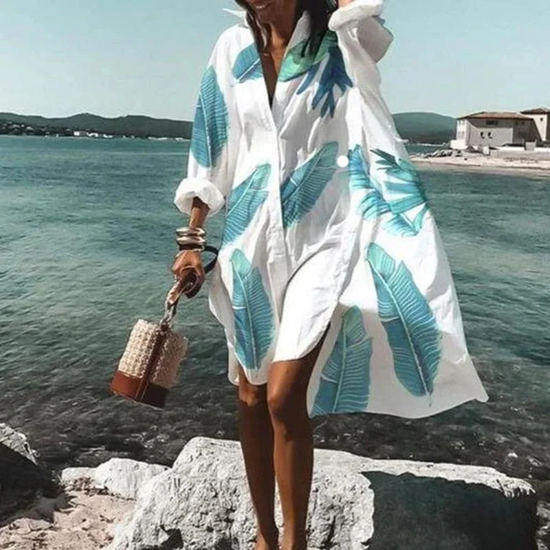 Mini Women Dress with a Short Hem for a Young and Trendy Style Mini Women Dress with a Short Hem for a Young and Trendy Style Summer Dresses Turn-down Collar Print Casual Long Sleeve Shirt Dress Oversized Loose Beach Party Vestidos Robe Blouse