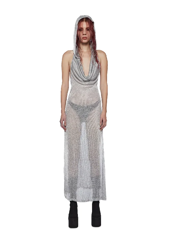 Wrap - Style Women Dress with Adjustable Fit for All Body Types Wrap - Style Women Dress with Adjustable Fit for All Body Types Tempo Metallic Hoodie Maxi Dress - Silver
