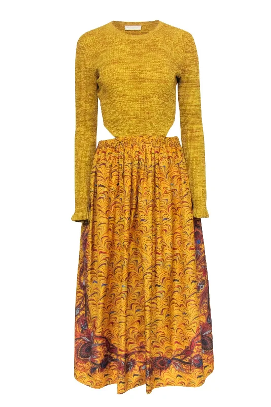 Pleated Women Dress with a Timeless and Elegant Texture Pleated Women Dress with a Timeless and Elegant Texture Ulla Johnson - Mustard Yellow Ribbed Bodice Dress w/ Multi Color Print Bottom Sz 6