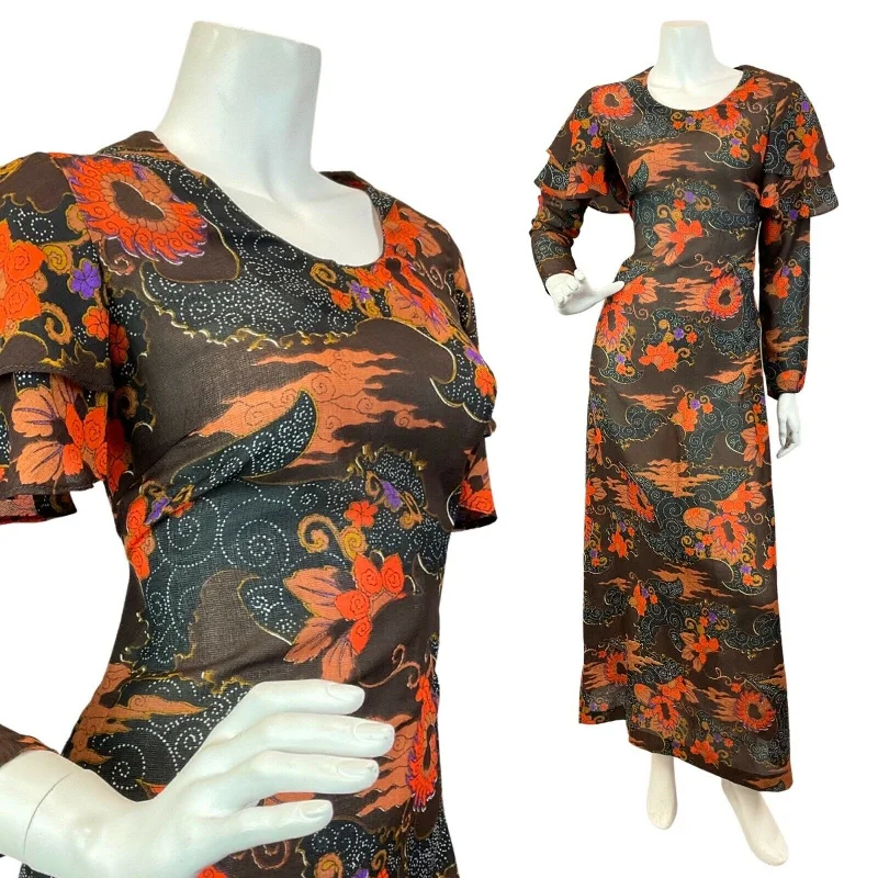 Strapless Women Dress with a Built - in Bra for Comfort and Support Strapless Women Dress with a Built - in Bra for Comfort and Support VINTAGE 60s 70s BROWN ORANGE BLACK PSYCHEDELIC SWIRL FLORAL MAXI DRESS 10