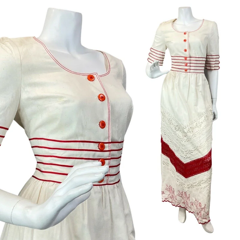 Mermaid - Style Women Dress with a Fitted Silhouette for Special Occasions Mermaid - Style Women Dress with a Fitted Silhouette for Special Occasions VINTAGE 60s 70s CREAM RED EMBROIDERED LACE STRIPED BOHO FOLK MAXI DRESS 10