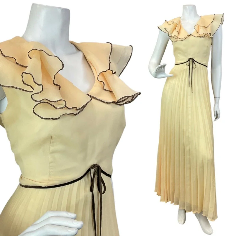 Strapless Women Dress with a Built - in Bra for Comfort and Support Strapless Women Dress with a Built - in Bra for Comfort and Support VINTAGE 60s 70s CREAM YELLOW BROWN RUFFLED PLEATED MAXI DRESS 10