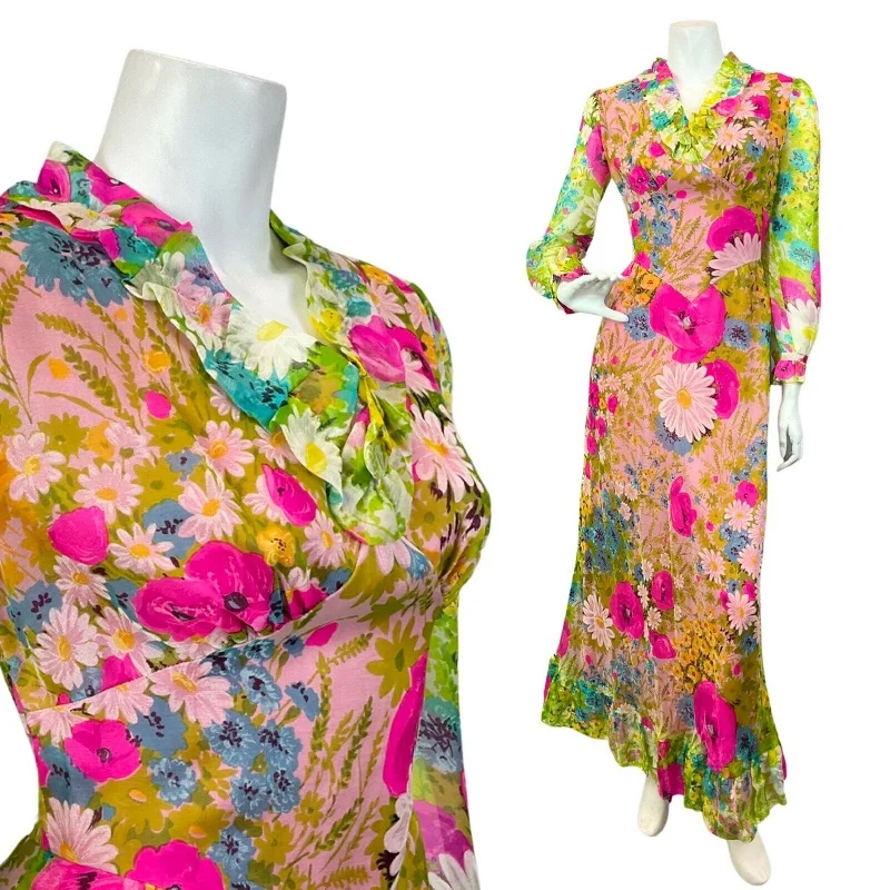 Ball Gown Women Dress with a Full Skirt for a Princess - like Look Ball Gown Women Dress with a Full Skirt for a Princess - like Look VINTAGE 60s 70s GREEN PINK BLUE GARDEN FLORAL DAISY SUMMER SHEER MAXI DRESS 6