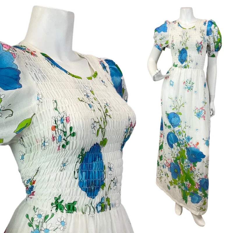 Maxi Women Dress with Floral Print for a Bohemian Vibe Maxi Women Dress with Floral Print for a Bohemian Vibe VINTAGE 60s 70s WHITE BLUE GREEN DAISY POPPY FLORAL BOHO PRAIRIE MAXI DRESS 8