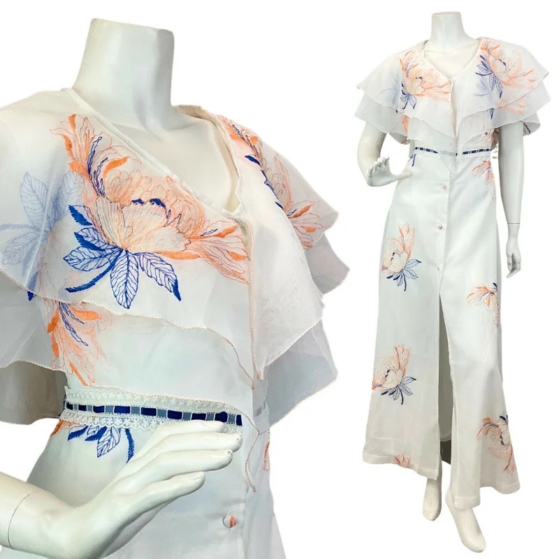 Ball Gown Women Dress with a Full Skirt for a Princess - like Look Ball Gown Women Dress with a Full Skirt for a Princess - like Look VINTAGE 60s 70s WHITE BLUE ORANGE FLORAL LEAFY EMBROIDERED BOHO MAXI DRESS 12