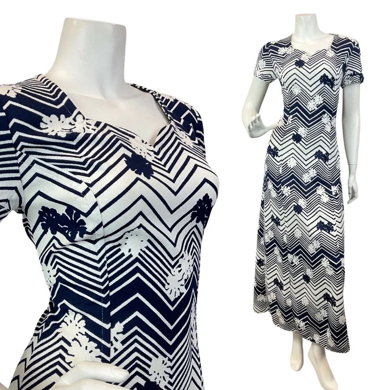 Halter Neck Women Dress to Show Off the Shoulders and Neckline Halter Neck Women Dress to Show Off the Shoulders and Neckline VINTAGE 60s 70s WHITE NAVY BLUE ZIG-ZAG FLORAL OP-ART MOD MAXI DRESS 10 12