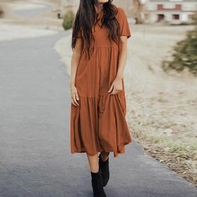 Strapless Women Dress with a Built - in Bra for Comfort and Support Strapless Women Dress with a Built - in Bra for Comfort and Support Women Elegant Ruffles Dress Summer Sundress Casual Short Sleeve Solid Party Dresses