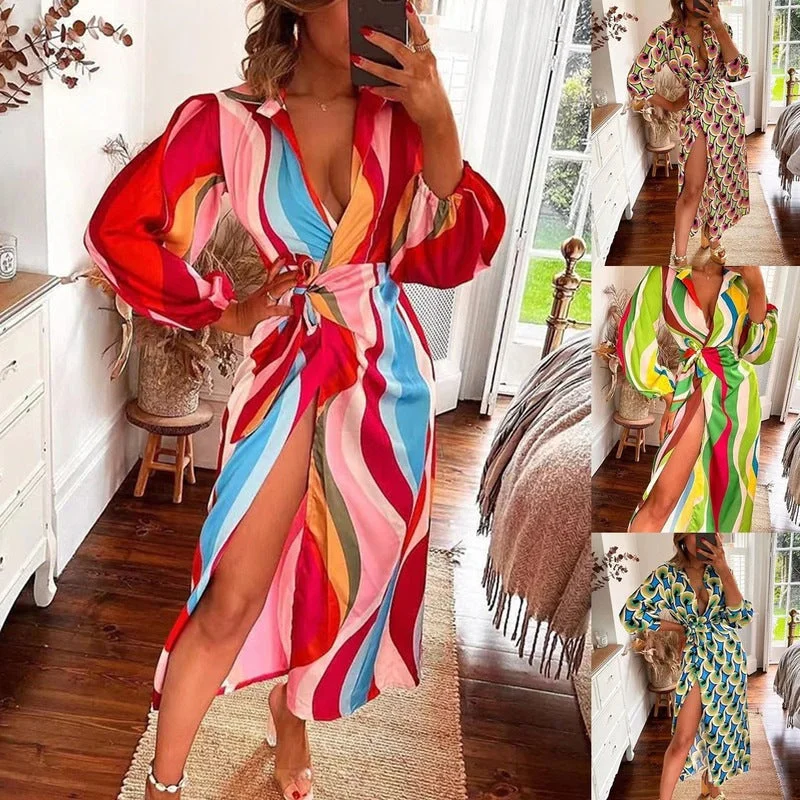 Halter Neck Women Dress to Show Off the Shoulders and Neckline Halter Neck Women Dress to Show Off the Shoulders and Neckline Women's Autumn Sexy Lace-up Regular Sleeve Waist-controlled V-neck Shirt Elegant Dress