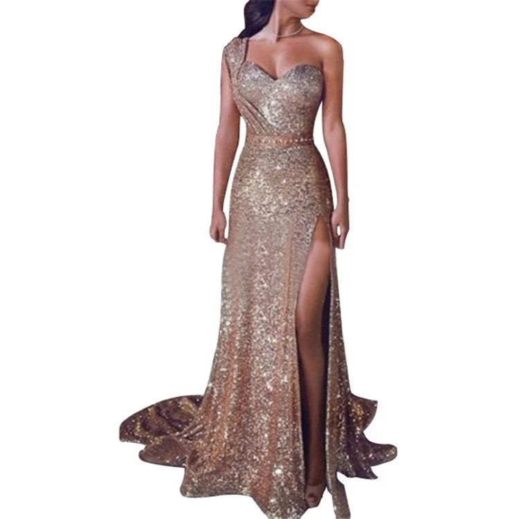 Pleated Women Dress with a Timeless and Elegant Texture Pleated Women Dress with a Timeless and Elegant Texture Women's Banquet Temperament Sexy One-shoulder Long Gilding Dresses
