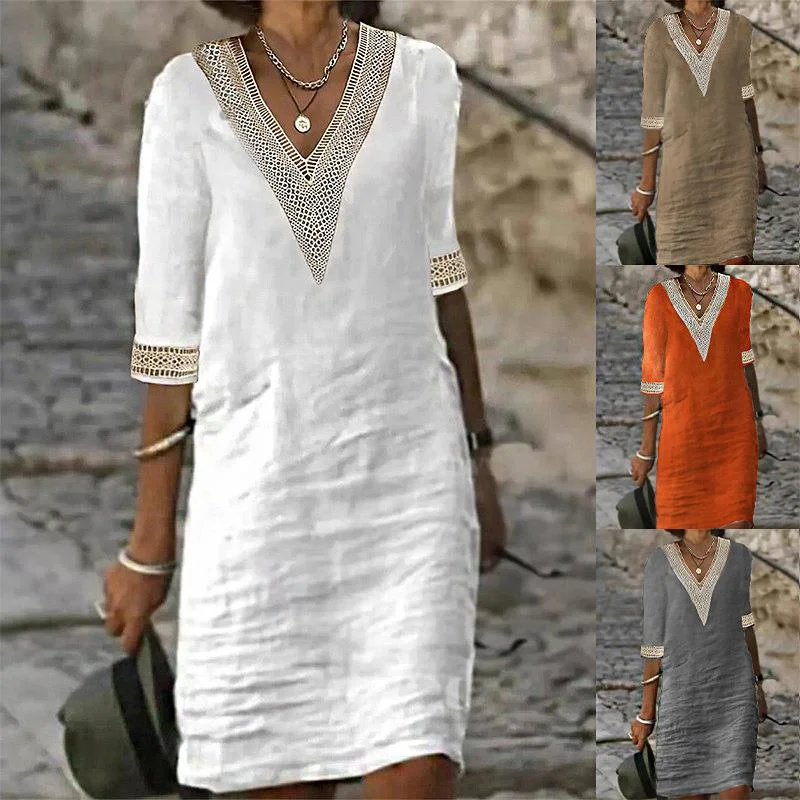 Wrap - Style Women Dress with Adjustable Fit for All Body Types Wrap - Style Women Dress with Adjustable Fit for All Body Types Women's Solid Color Half Sleeve Cotton Linen Dresses