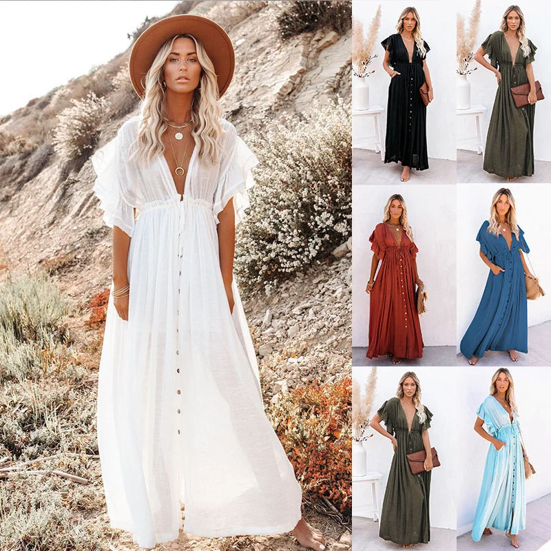 Mermaid - Style Women Dress with a Fitted Silhouette for Special Occasions Mermaid - Style Women Dress with a Fitted Silhouette for Special Occasions Women's Summer Sun Protective Double-breasted Drawstring Dress Dresses